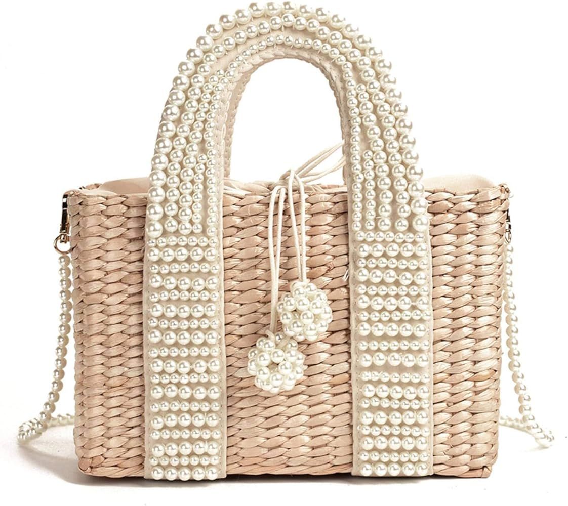 N\C Fashion Pearl Rattan Ladies Handbag Design Beaded Wicker Woven Shoulder Bag Luxury Summer Bea... | Amazon (US)