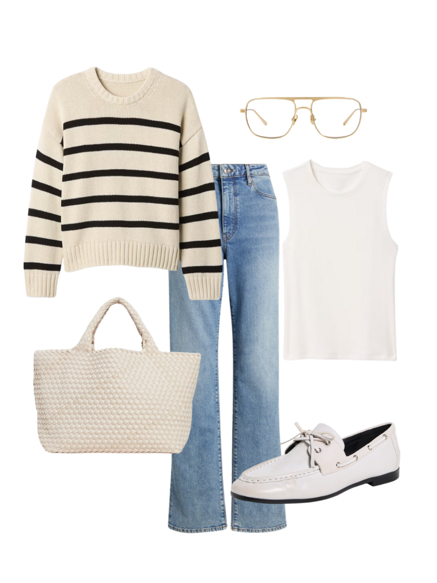 casual everyday spring outfit idea 🌷 jeans, loafers, boat shoes, striped sweater, woven tote bag, white tank, basics, wardrobe staple, capsule wardrobe, glasses, weekend outfit 

#LTKFindsUnder100 #LTKSeasonal #LTKSpringSale