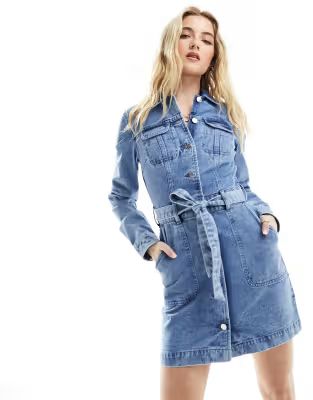 Miss Selfridge denim long sleeve mini dress with collar detail in blue wash | ASOS (Global)