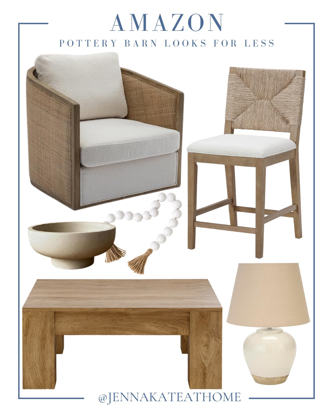 Pottery Barn looks for less from Amazon include accent chair, barstool, coffee table, table lamp, decorative bowl, and wooden bead garland.

Home decor, looks for less, neutral home

#LTKHome #LTKSeasonal #LTKSaleAlert