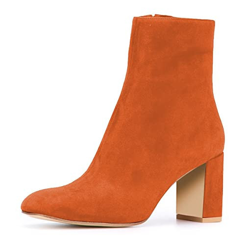 XYD Soft Suede Ankle Boot Comfortable Round Toe Block Heel Booties with Zipper for Women Size 14 Orange | Amazon (US)
