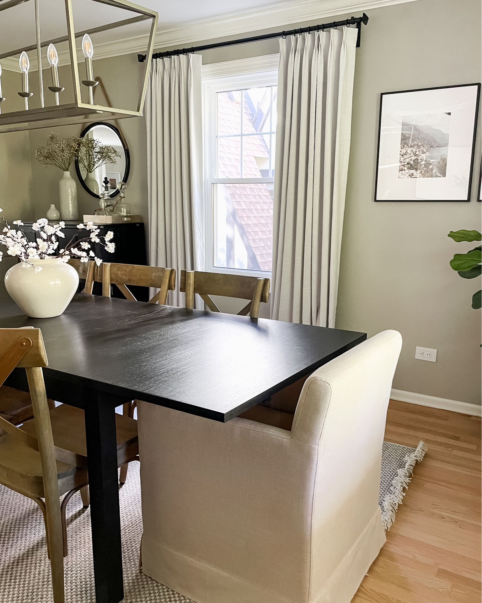 Homerilla curtains. Custom curtains. Dining room. Home decor. Blackout curtains. Dining chairs. Vase. Chandelier. Dining room light. Wall frame. Dining Table. 

#LTKhome #LTKsalealert