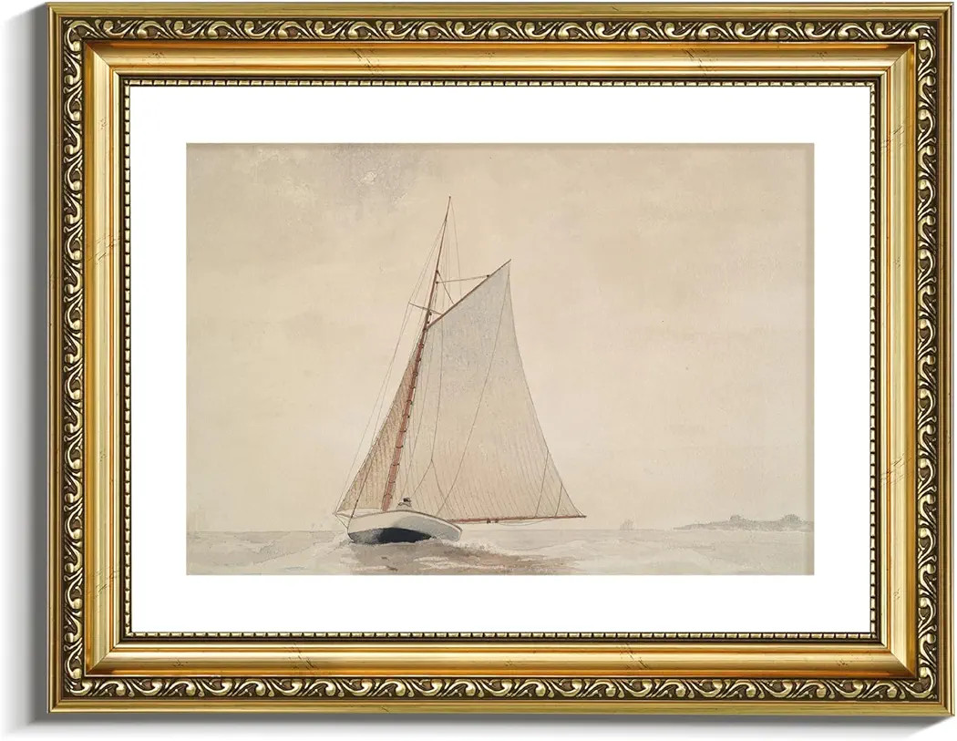VIYYIEA Gold Framed Wall Art Canvas Print Home Decor for Living Room White Sailboat Seascape Wate... | Amazon (US)