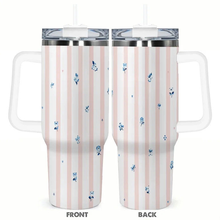 40oz Pink Stripe Floral Tumbler Insulated Car Cup Blue Flower Travel Coffee Cup Gift for Women | Walmart (US)
