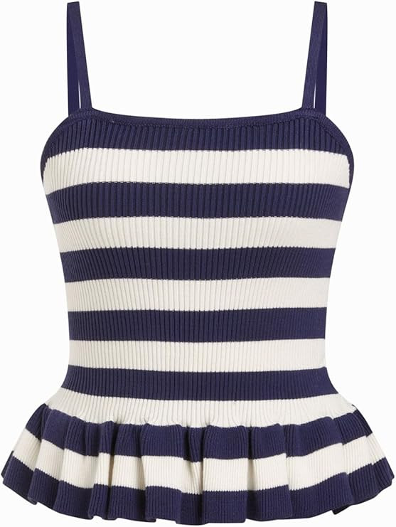 CIDER Striped Crop Tank Tops for Women Sleeveless Square Neck Ruffle Knit Peplum Tops Summer Vaca... | Amazon (US)
