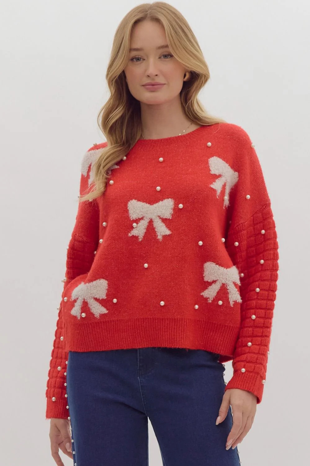 Isla Pearl and Bow Sweater - Red | Pink Creek