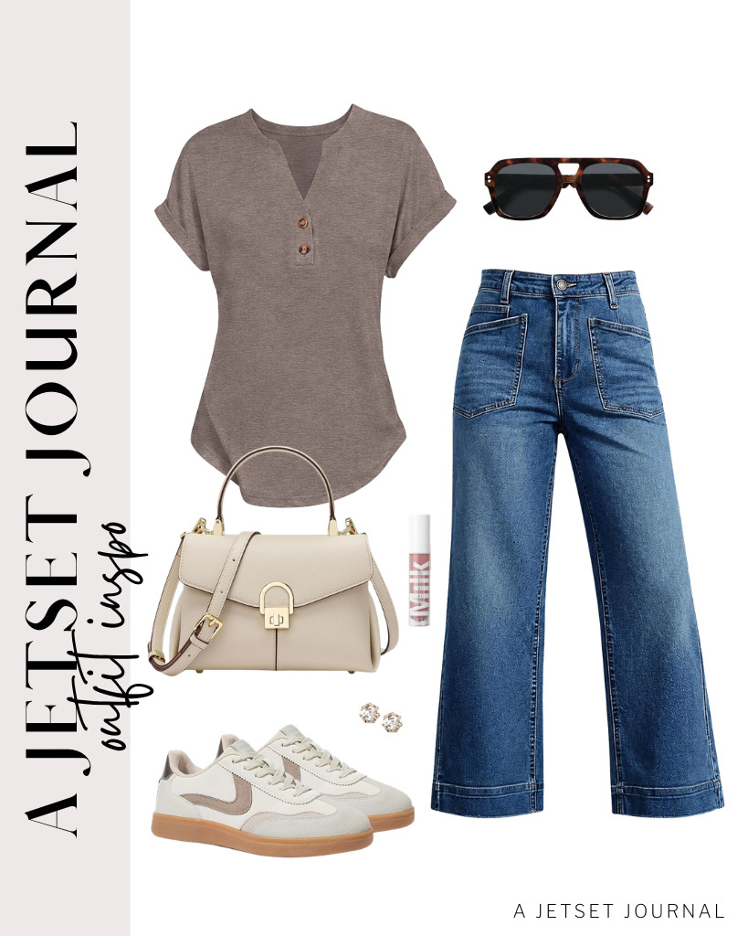 This next outfit idea is an easy look for casual dining or errand running. Throw on a brown ANRABESS Henley top over your Cicy Bell wide-leg jeans for a neutral tone. Lace up your retro sneakers from LUCKY STEP, then pair them with a leather top-handle satchel. Finish the look with stud earrings and Milk Makeup lip gloss.

#LTKSeasonal #LTKSaleAlert #LTKTravel
 

 