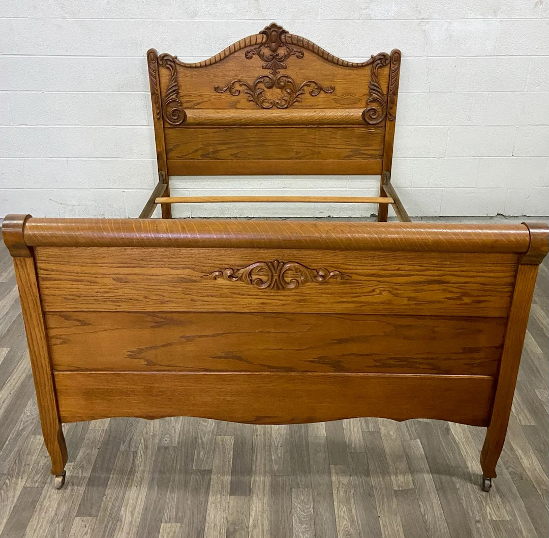 Antique Early 1900s Victorian Full Size Carved Tiger Oak Bed - Etsy | Etsy (US)