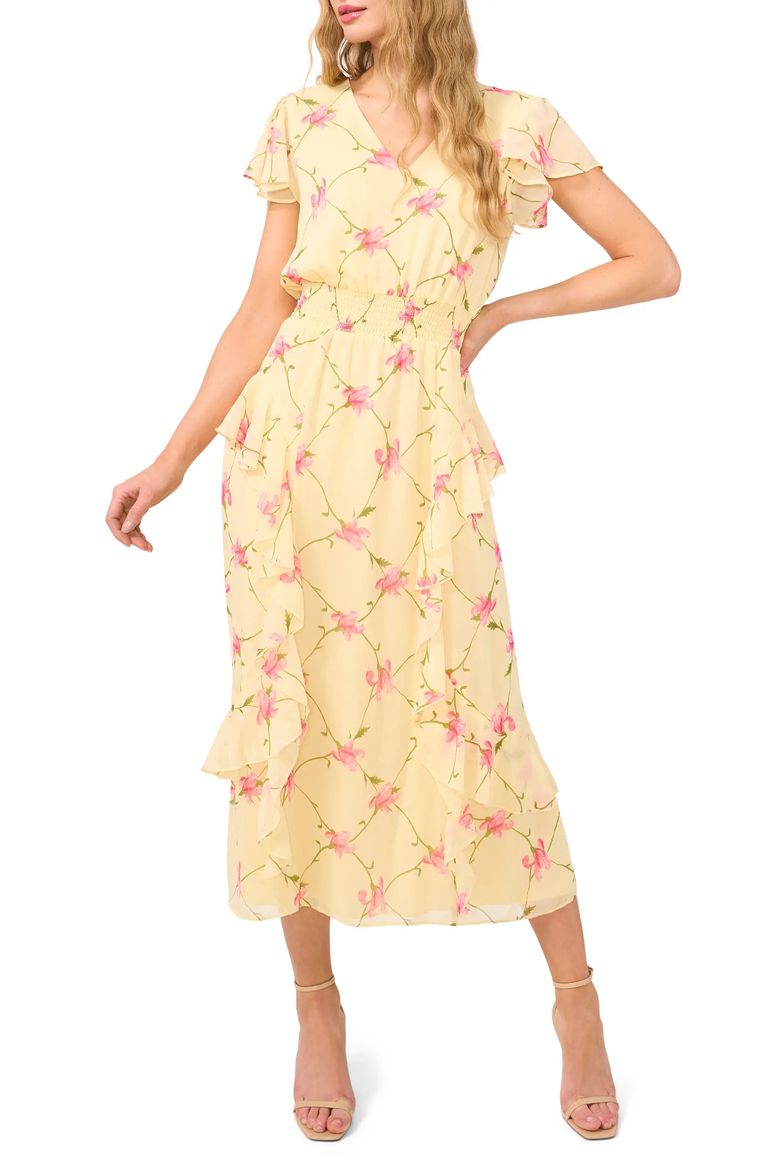 CeCe Floral Flutter Sleeve Smock Waist Midi Dress | Nordstrom | Nordstrom