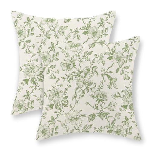JEFERSO Sage Green Floral Pillow Covers 18x18 Set of 2 Olive Green Chinoiserie Floral Decorative Throw Pillows Vintage Rustic Toile Flower Pillowcase Outdoor Decor Linen Cushion Cover for Couch Sofa | Amazon (US)