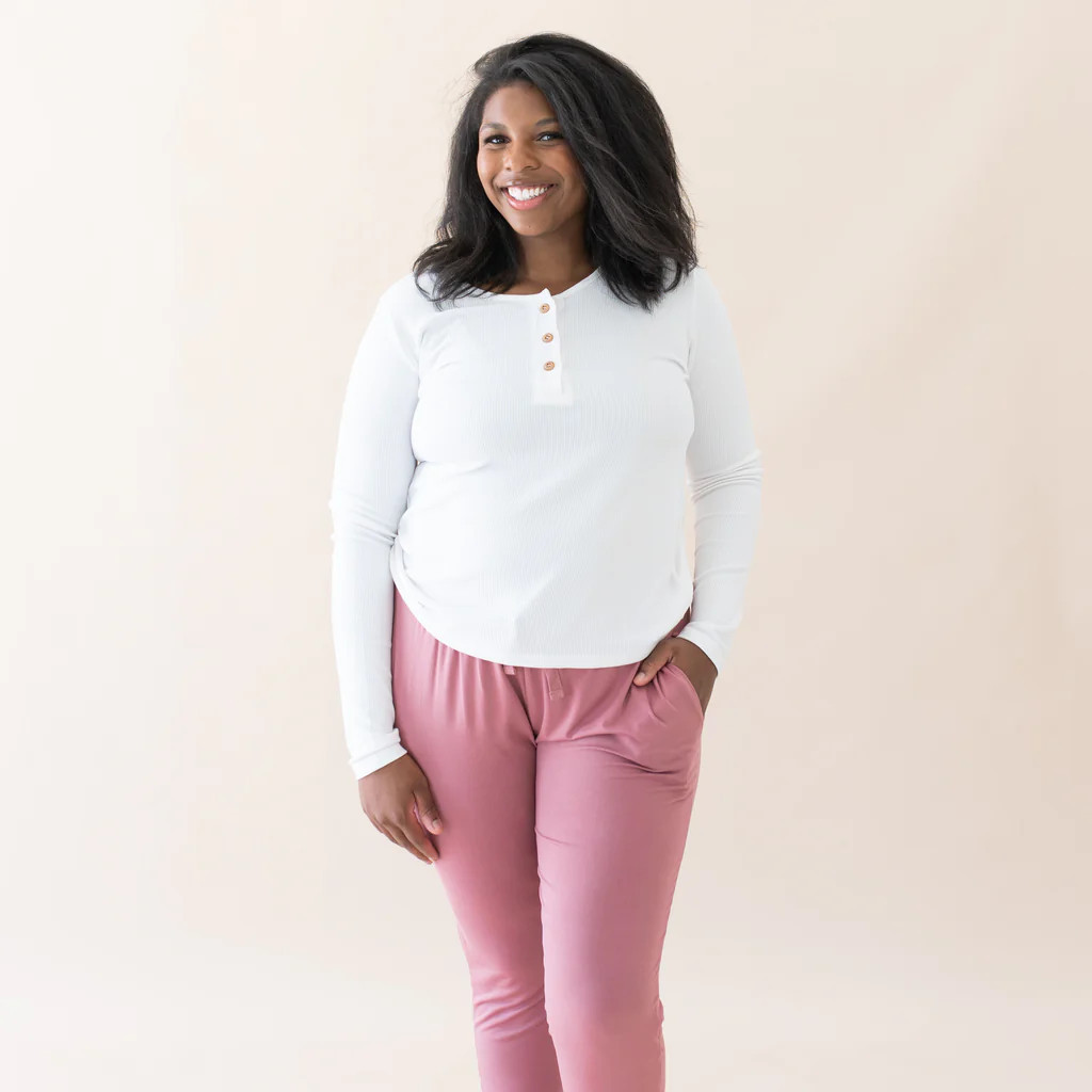 Women's Ribbed Henley Top in Snow | Kyte BABY