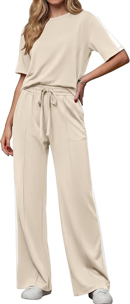 PRETTYGARDEN Women's 2 Piece Sets Summer Casual Short Sleeve Tops Wide Leg Pants Matching Lounge ... | Amazon (US)