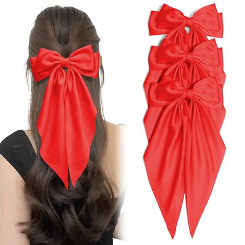 3PCS Ruby Bow for Hair Big Hair Bows for Women Silky Satin Ribbon Bow Hair Clips Barrettes with Long Tail Aesthetic Party Wedding Hair Accessories Gifts for Girls | Amazon (US)