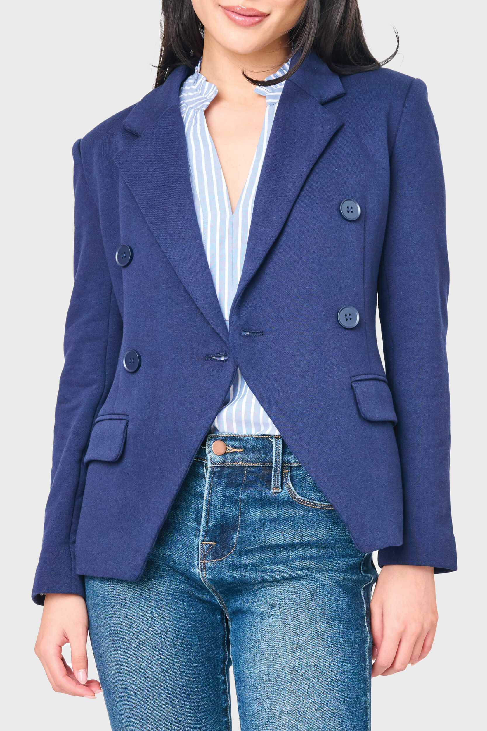 Double Breasted Blazer in Navy Peacoat | Knit Blazer | Gibsonlook | Gibsonlook
