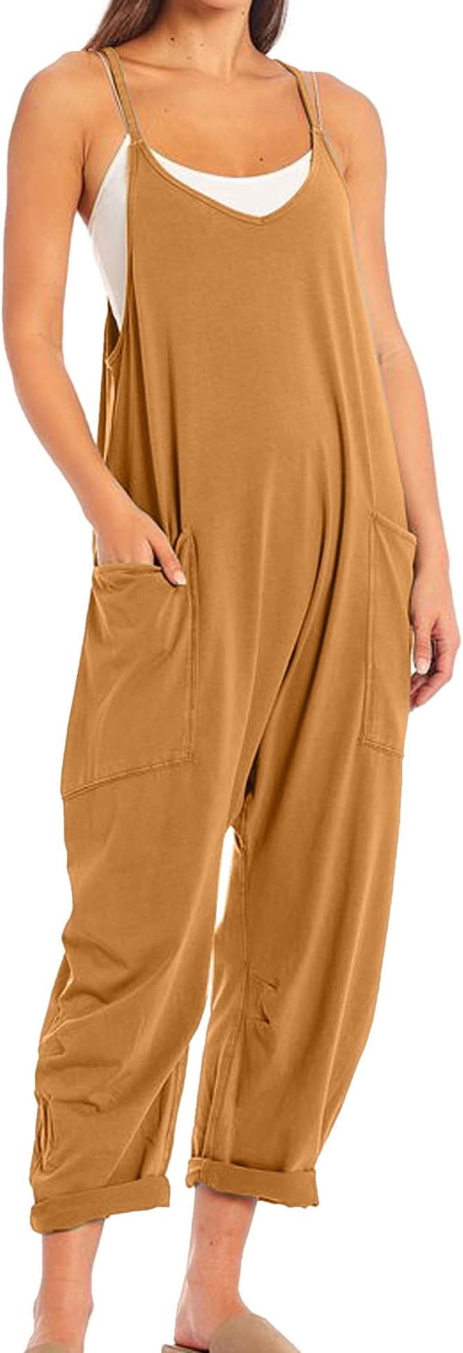 Womens Casual Sleeveless Jumpsuits V-Neck Spaghetti Strap Wide Leg Romper Overalls Jumpsuit with ... | Amazon (US)