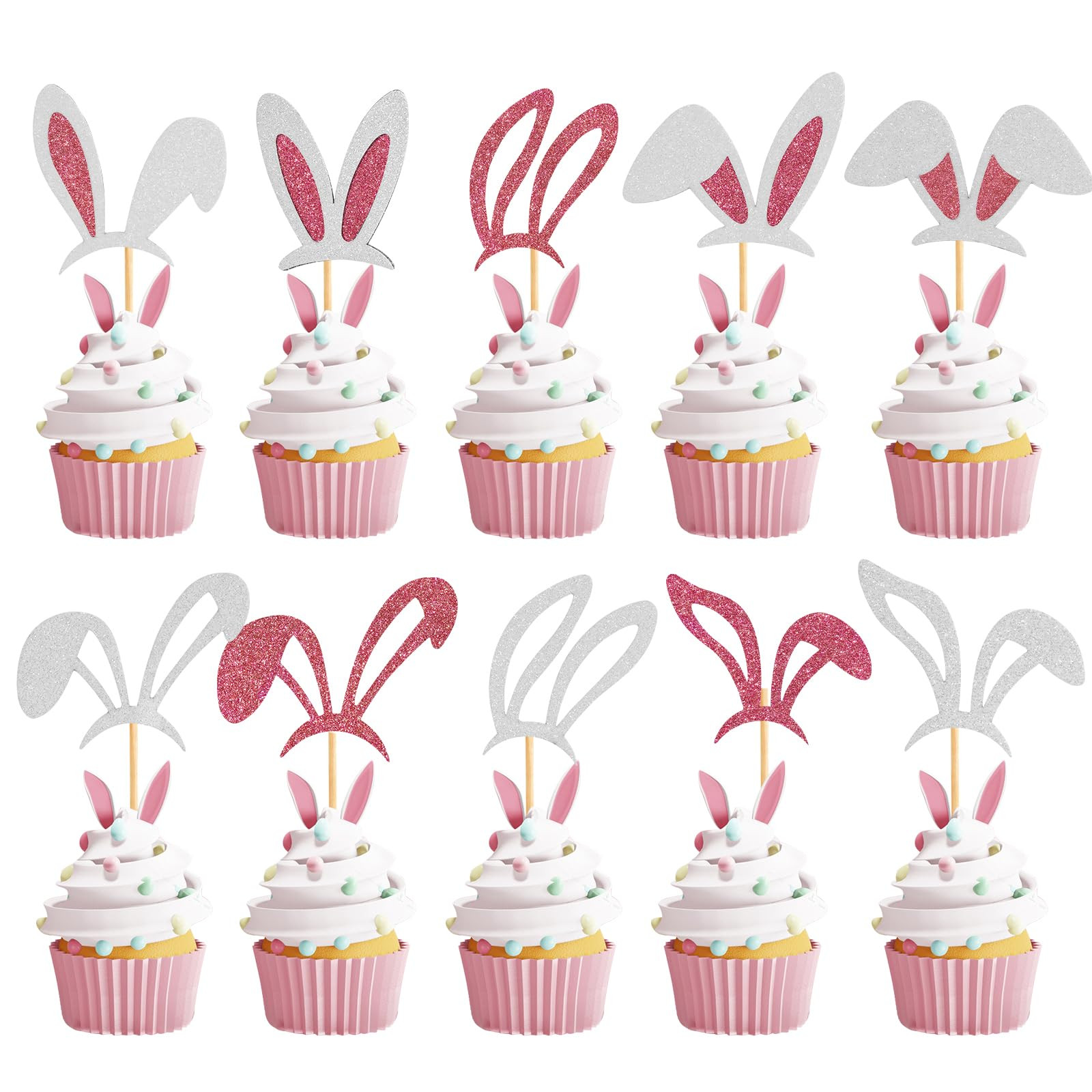 60 Pcs Easter Cupcake Toppers,Easter Bunny Ear Cupcake Toppers Easter Rabbit Cake Toppers Glitter... | Amazon (US)