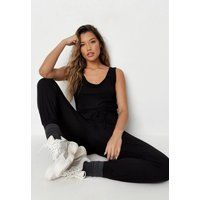 Black Rib Sleeveless Tie Waist Jogger Romper | Missguided (US & CA)