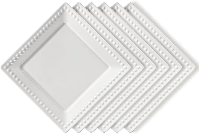 Embossed Ceramic Appetizer & Dessert Plates - Set of 6, 6 inch White Square Dinner Plates for Sna... | Amazon (US)