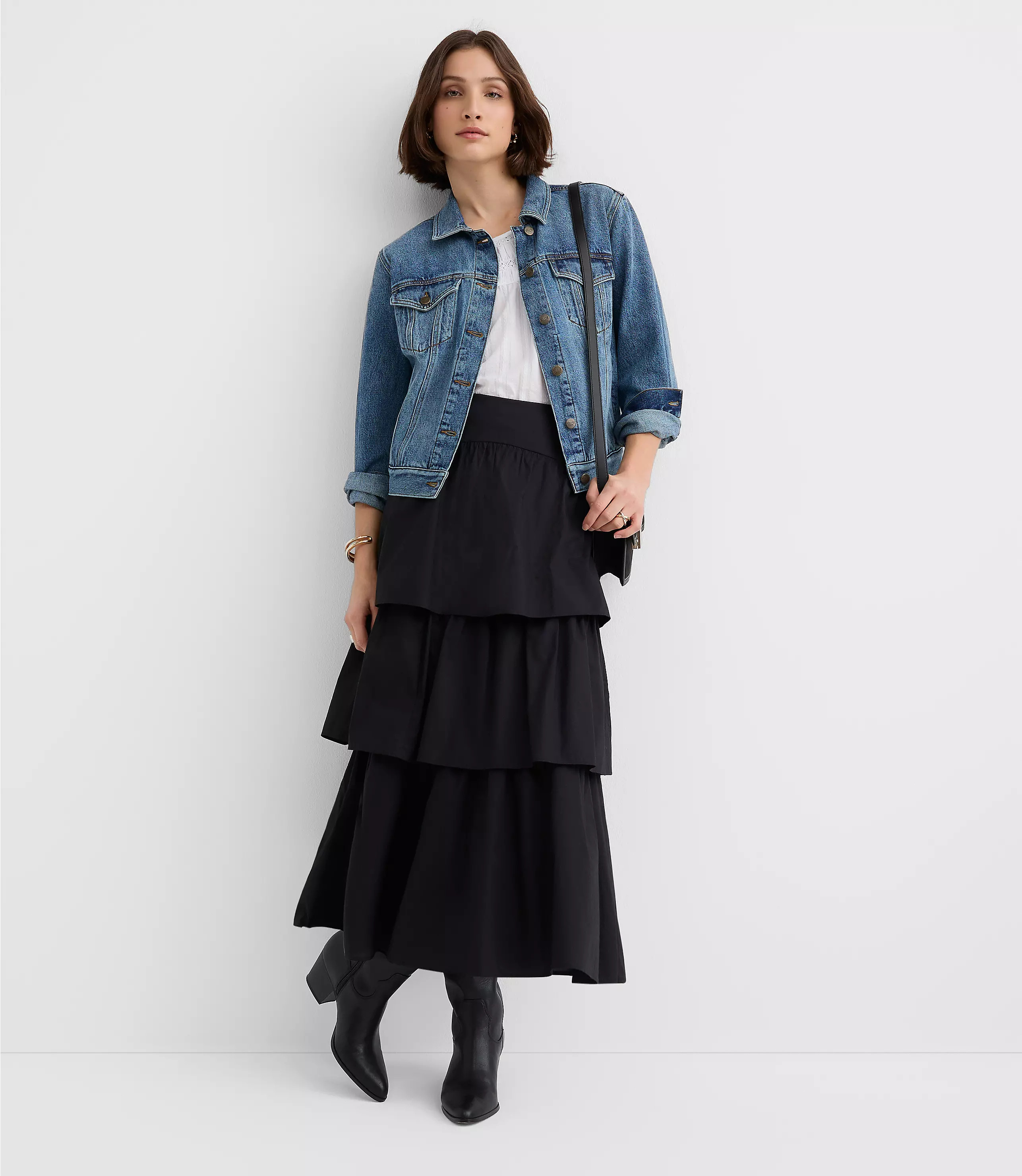 Yoke Poplin Ruffle Tiered Midi Skirt | LOFT