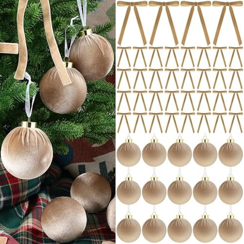 51 Pcs Christmas Velvet Ornaments 15 Pcs Christmas Tree Decor Balls 3.14" 36 Pcs Velvet Vintage Ribbon Bows 5/8" Wide 6 * 8" for Xmas Tree Hanging Decorations Home Indoor Decor (Light Brown) | Amazon (US)
