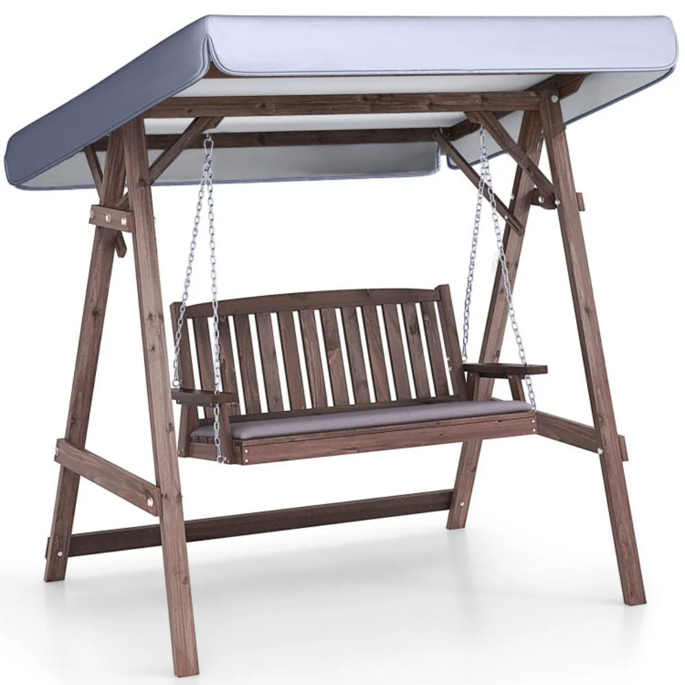 Hivvago 2-Person Porch Swing with Fir Wood Stand and Tilt Canopy-Brown | Shop Simon