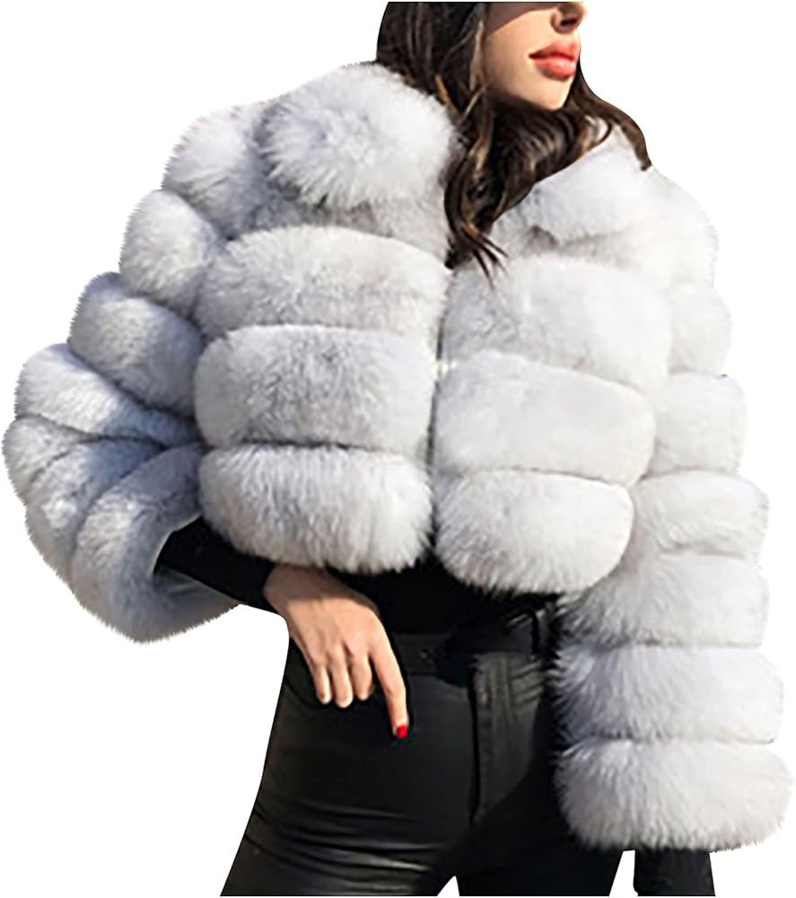 tuduoms Women's Luxury Faux Fur Fluffy Coat Winter Warm Full Zip Cropped Jacket Fashion Open Fron... | Amazon (US)
