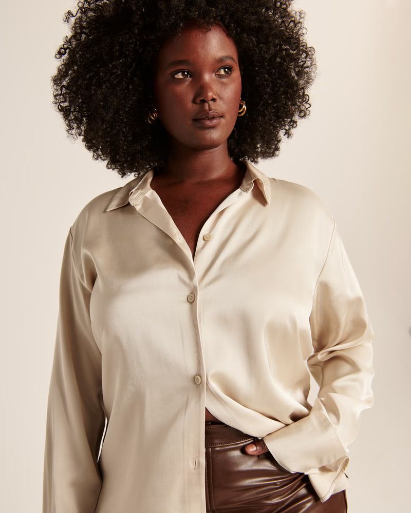 Women's Long-Sleeve Oversized Satin Button-Up Shirt | Women's Tops | Abercrombie.com | Abercrombie & Fitch (US)