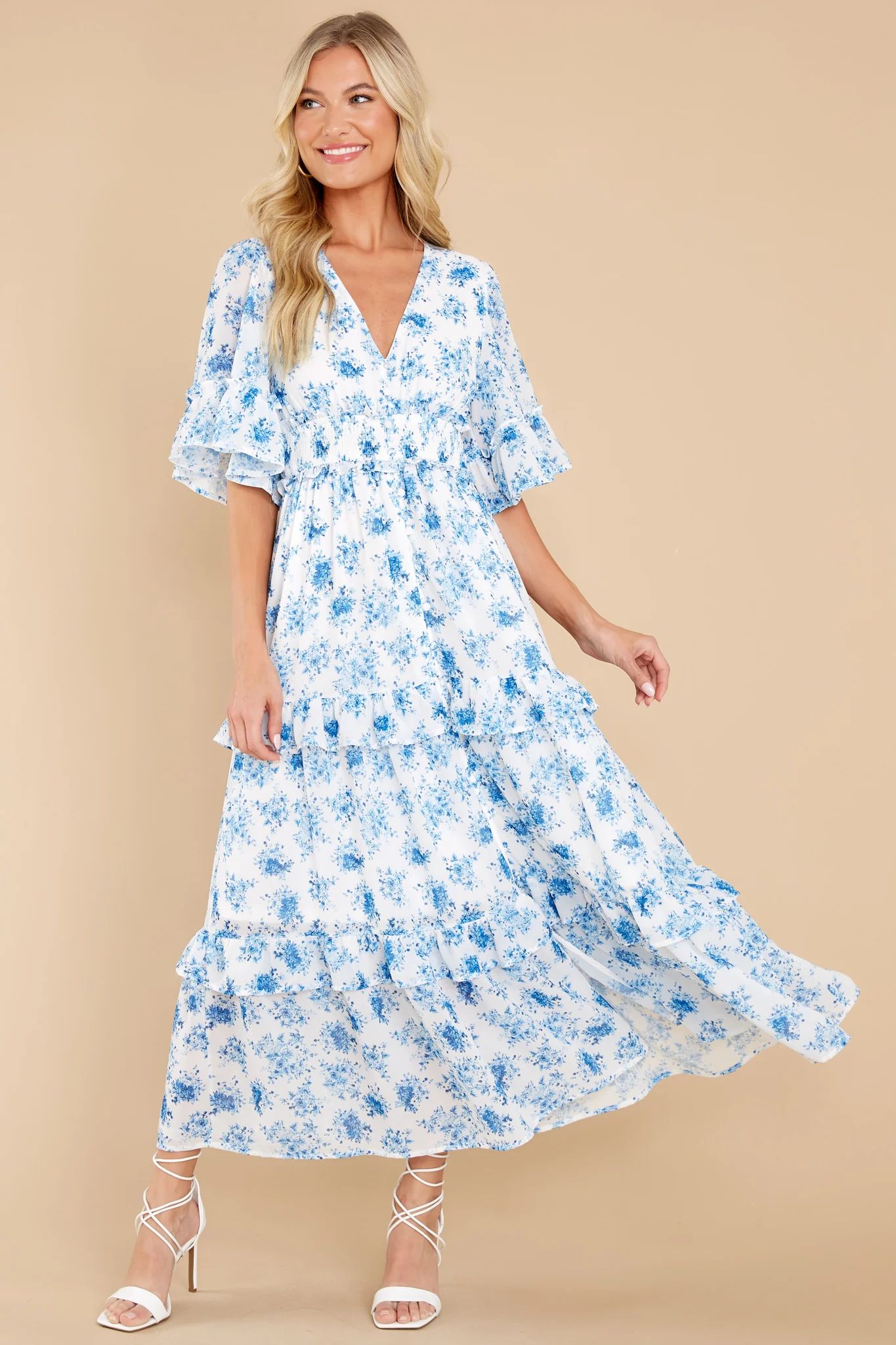 Bright Mornings White And Blue Floral Print Maxi Dress | Red Dress 