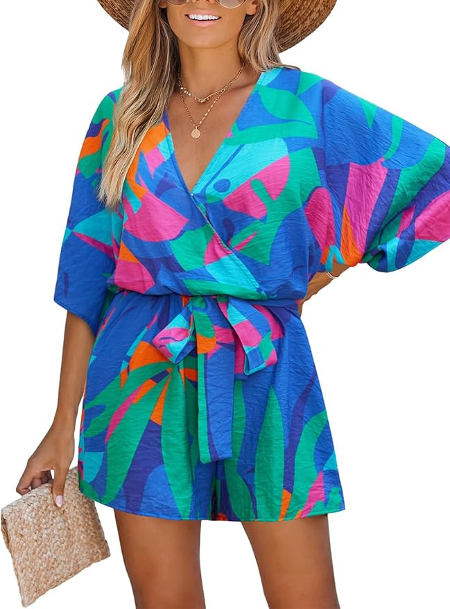 CUPSHE Women's Mini Romper Summer Beach Vacation Loose Fit Half Sleeve V Neck Resort Wear Tropica... | Amazon (US)