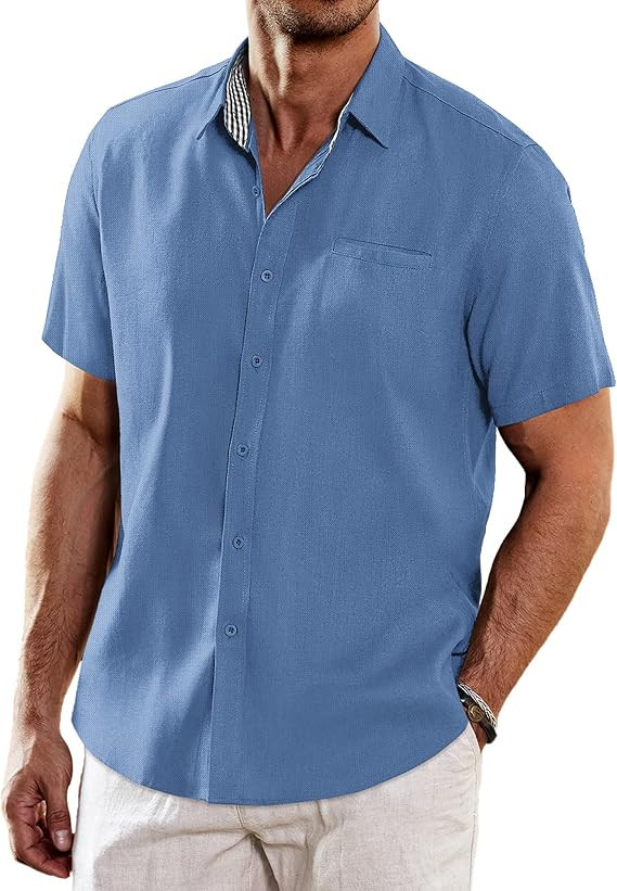 COOFANDY Men's Casual Linen Shirts Short Sleeve Button Down Shirt Summer Beach Tops       Send to... | Amazon (US)
