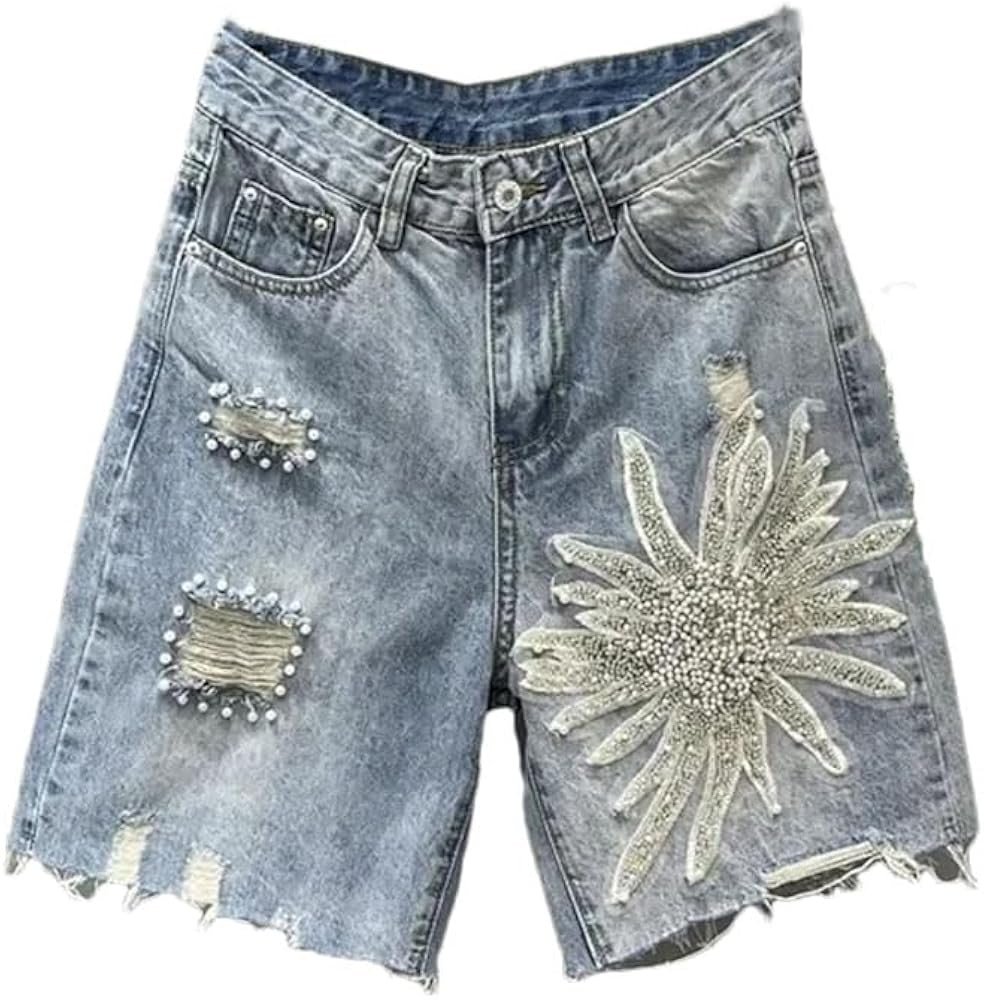 Women’S Flower Denim Shorts High Waist Skinny Fit Stretchy Jeans with Appliques Denim Shorts | Amazon (US)