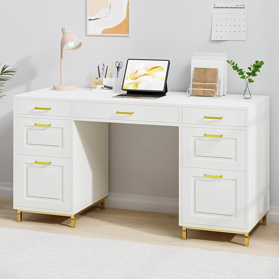 White Desk with 7 Drawers, 57” Office Desk with 2 File Drawers, White Executive Desk with Stora... | Amazon (US)