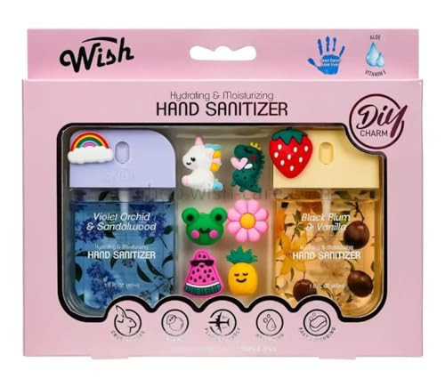 Wish Diy Charm Hand Sanitizer Spary Travel Size Spray 2-Pack Gift Box 1.5 FL OZ (45ML) Each, Dragonfruit, Coconut Cream, Golden Citrus,Cucumber,Sweet Guava Hydrating and Moisturizing, (1) | Amazon (US)