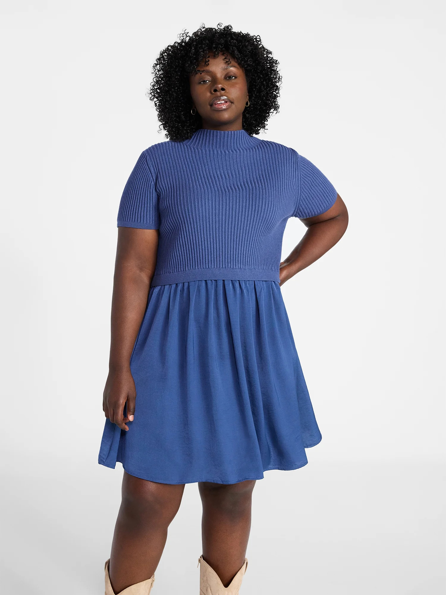 Terra & Sky Women's Plus Short Sleeve Mini Mixed Media Dress, Sizes 0X-5X | Walmart (US)