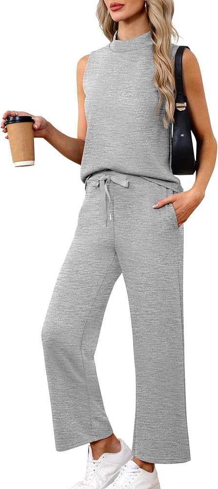 Casly Lamiit Women's Summer 2 Piece Outfits Mock Neck Tank Top Cropped Wide Leg Pants Lounge Sets... | Amazon (US)