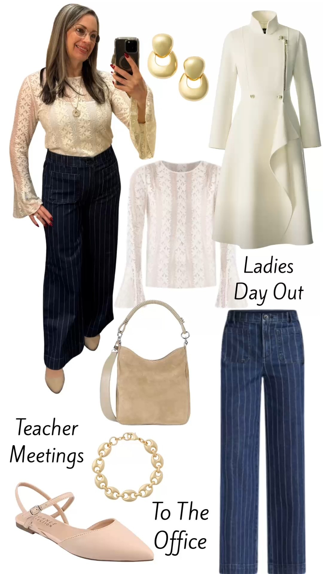 Meet your new favorite versatile, on trend outfit. Lace and wide leg pants are all the rage this year. These pieces are not only on trend, but they look classically styled.
I love the bell sleeve lace top. It is very soft. The sleeves are just enough without overwhelming me. I’m wearing it in a size medium as this top tends to run small. As I’ve said in other posts, you need a cami underneath it. I’m wearing a white one under mine in size small. 
The pinstripe wide leg trouser jeans are a blast from the past with an updated modern look. I went with the average length which is a tad bit long on me, but I felt the petite was too short for me. I purchased an average 4, but I could have sized down to a 2 so be mindful of this.
This outfit is a great way to get some pieces that are trendy, yet can be worn many different ways, and for many different events. 
Separate them and wear them with the other pieces in your wardrobe.
#widelegjeans #lacetop #ontrend


#LTKSaleAlert #LTKootd #LTKOver40