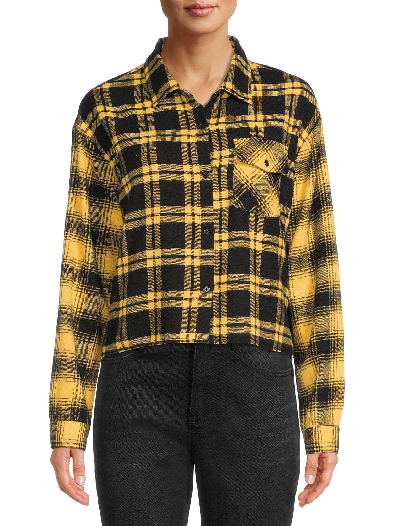 No Boundaries Juniors' Plaid Flannel Button Front Shirt with Long Sleeves - Walmart.com | Walmart (US)