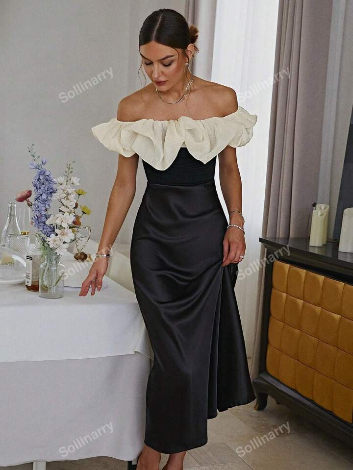 Women's Contrast Color Off-Shoulder Ruched Elegant French Style Dress, Wedding Guest Outfit | SHEIN