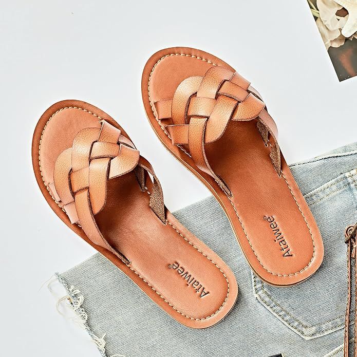 Ataiwee Women's Flat Slide Sandals - Fashion Slip On Flat Summer Shoes. | Amazon (US)
