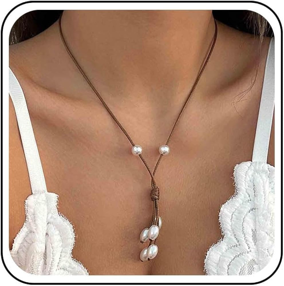 Vintage Black Leather Pearl Choker Necklace Leather Y Lariat Necklace Pearl Tassel Drop Necklaces... | Amazon (US)