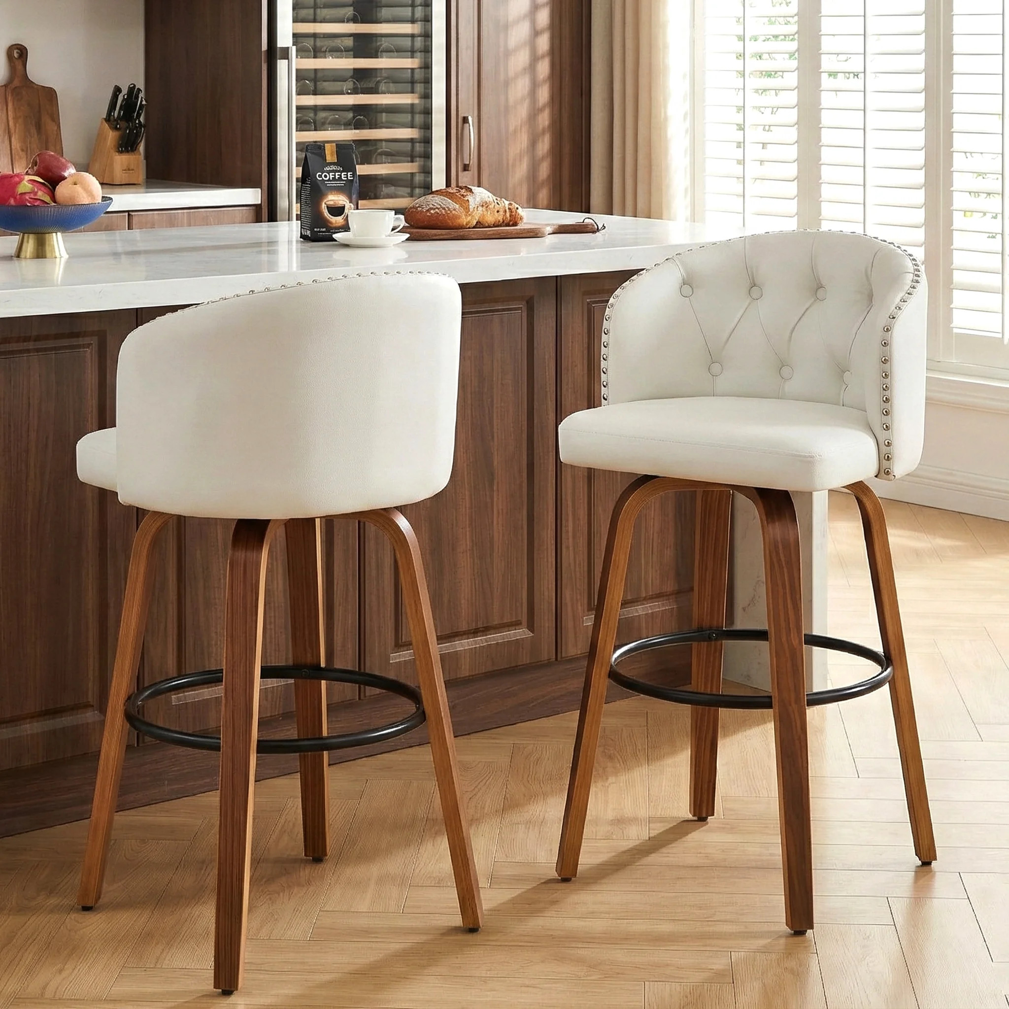 Fahomiss 28" Swivel Bar Stools with Back Set of 2, Leather Farmhouse Bar Height Stools, White - W... | Walmart (US)