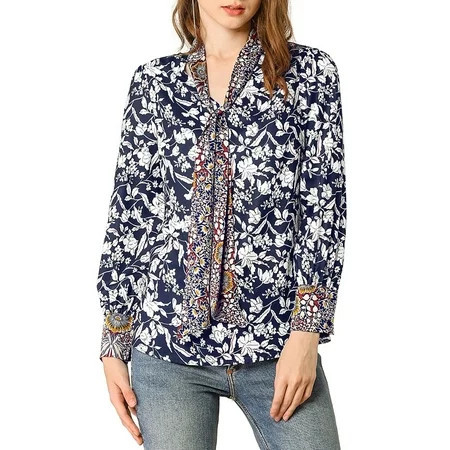 Unique Bargains Women s Boho Floral Printed Shirt V Neck Pussy Bow Blouse | Walmart (US)