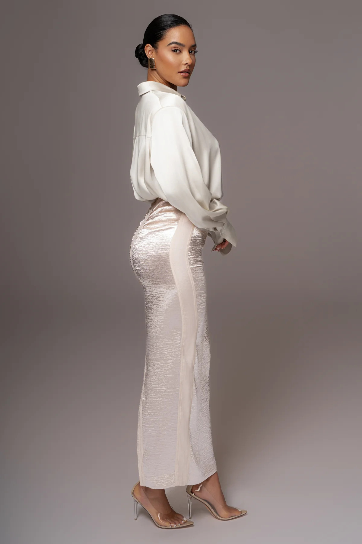 Champagne Nora Satin Maxi Skirt | JLUXLABEL