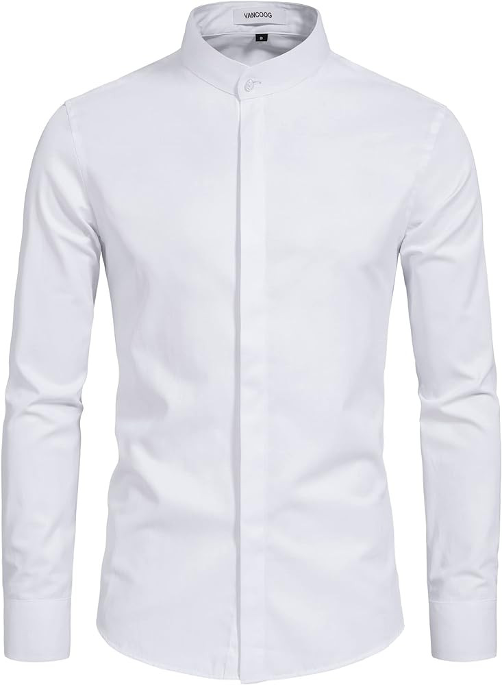 Men’s Banded Collar(Mandarin Collar) Long Sleeve Casual Solid Fancy Dress Shirts | Amazon (US)