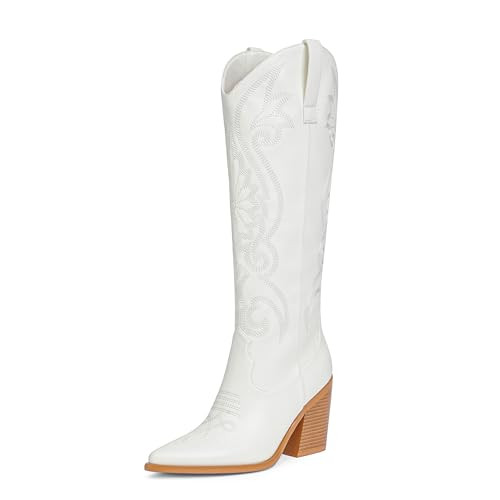 Modatope Knee High Cowboy Boots for Women Embroidery White Cowgirl Boots Chunky Heel Tall Western Boots Size 7 | Amazon (US)