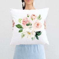 Blush Pink Floral Throw Pillow, Watercolor Coral Flowers Roses Nursery Pillow Bedroom Room Decor Cus | Etsy (US)