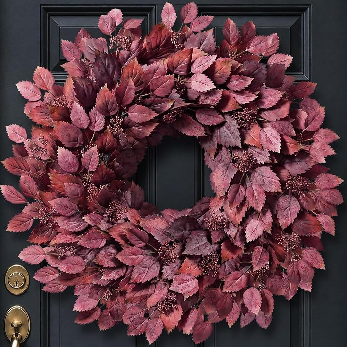 26" Artificial Hibiscus Leaves Fall Wreath for Front Door Decor(Autumn Red) | Amazon (US)