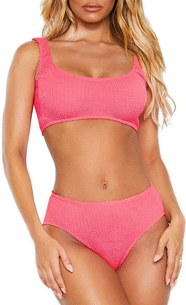 Womens Swimsuits Two Piece Sports Bathing Suits Crop Tops Ribbed Bikini Sets Swimwear Bottoms | Amazon (US)