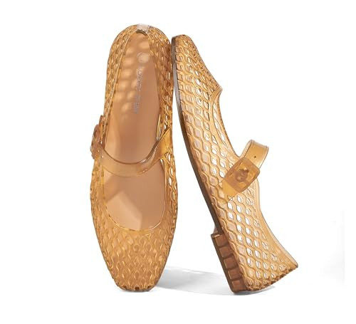 LUCKY STEP Women's Jelly Ballet Flats - Buckle Strap Comfortable Casual Mary Jane Flat - Lightweight Mesh Clear Beach Sandals(10 M US Beige) | Amazon (US)