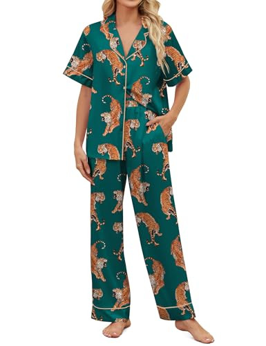 SHESHOW Satin Pajamas for Women Set Button Down Sleepwear Print Pjs Set 2 Piece Short Sleeve Long... | Amazon (US)